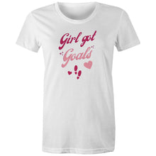 Load image into Gallery viewer, Wear your ambitions proudly with our 'Girl Got Goals' affirmation t-shirt. This motivational tee combines style with purpose, featuring an inspirational message to keep you focused. Shop now for empowering, positive quote t-shirts that inspire confidence and action every day!
