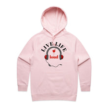 Load image into Gallery viewer, Discover our 'Live Life Loud' women's regular fit hoodie, blending casual street style with chic, designer appeal. Crafted from high-quality materials, this fashionable hoodie is part of our premium women's hoodie collection, offering the latest in urban hoodie style for bold, confident looks.