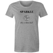 Load image into Gallery viewer, Shine bright with our women's retro t-shirt featuring the iconic slogan 'Sparkle Like a Disco Ball.' Perfect for throwback fashion lovers, this retro-inspired graphic tee is a must-have in your wardrobe. Shop the best retro t-shirts for a timeless, iconic look that never goes out of style!