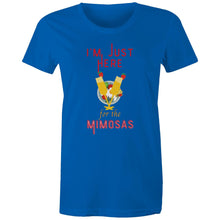 Load image into Gallery viewer, Get the party started with our women's t-shirt featuring the witty slogan 'I'm Just Here for the Mimosas.' This LOL-worthy, funny message tee is perfect for brunch lovers! Shop now for a quirky catchphrase shirt that adds humour and fun to your wardrobe.