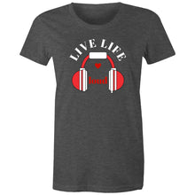 Load image into Gallery viewer, Shop our women's message t-shirt featuring the uplifting slogan 'Live Life Loud.' This affirmation t-shirt combines style and positivity with its empowering quote and motivational design. Embrace positive vibes and spread an inspirational message wherever you go. Perfect for those who want to express themselves with flair!