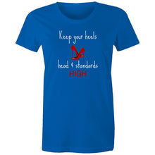 Load image into Gallery viewer, Elevate your wardrobe with our women's affirmation t-shirt featuring the empowering quote, 'Keep Your Heels, Head, and Standards High.' This inspirational message tee is perfect for spreading positivity and confidence. Shop now for stylish, positive message apparel that motivates and empowers!