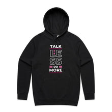 Load image into Gallery viewer, Stay cosy and stylish in our women's relaxed fit hoodie featuring the motivational message, "Talk Less, Do More." This modern, oversized hoodie combines fashion and function, offering a comfortable fit perfect for those who love fashionable, oversized women's hoodies.