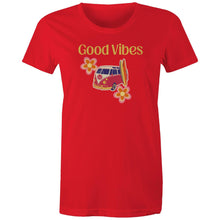 Load image into Gallery viewer, Embrace iconic retro wear with our 'Good Vibes' graphic t-shirt. Perfect for women who love a throwback style, this retro clothing staple combines timeless design with modern comfort. Elevate your wardrobe with a must-have women’s tee that spreads positivity in every outfit.