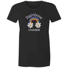 Load image into Gallery viewer, Embrace vibrant style with our 'Rainbow Chaser' women's t-shirt, crafted from 100% organic cotton. This eco-friendly, premium sustainable tee combines top-quality comfort with a bold slogan, making it the best choice for those seeking stylish and conscious organic clothing.