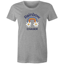 Load image into Gallery viewer, Chase your dreams in style with our 'Rainbow Chaser' women's retro t-shirt. Featuring an iconic retro graphic, this vintage-inspired tee brings vibrant colours and a nostalgic vibe. Perfect for retro clothing lovers, it’s the best choice for those seeking standout, throwback fashion.