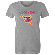 Load image into Gallery viewer, Embrace iconic retro wear with our 'Good Vibes' graphic t-shirt. Perfect for women who love a throwback style, this retro clothing staple combines timeless design with modern comfort. Elevate your wardrobe with a must-have women’s tee that spreads positivity in every outfit.