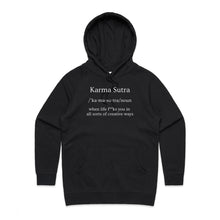 Load image into Gallery viewer, Elevate your street style with our women's regular fit hoodie featuring the bold message 'Karma Sutra - when life f**ks you in all sorts of creative ways.' This high-quality, fashion-forward hoodie is part of our premium women's collection, perfect for those who love urban and trendy styles.