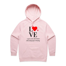 Load image into Gallery viewer, Elevate your street style with our women's regular fit hoodie featuring a chic "Love" message. Part of our premium women's hoodie collection, this fashionable and high-quality design is perfect for casual wear. Discover stylish ladies' hoodies that blend comfort with designer flair.