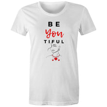 Load image into Gallery viewer, Discover the power of self-love with our 'Be-You-tiful' women's t-shirt, featuring an inspirational message that encourages you to embrace your true self. This shirt is a celebration of individuality and self-acceptance, perfect for anyone looking to remind the world that beauty shines brightest when you're simply you.
