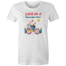 Load image into Gallery viewer, Explore our women's 100% organic T-shirt with the inspiring message 'Life is a Beautiful Ride'. Made from premium organic cotton, this eco-friendly tee combines style with sustainability. Shop the best organic clothing for a positive impact and elevate your wardrobe with top quality, sustainable fashion.