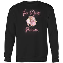 Load image into Gallery viewer, Stay stylish and comfortable with our women's relaxed fit sweatshirt, featuring the empowering slogan "Live Your Passion." This modern, oversized design offers the perfect blend of fashion and comfort. Ideal for casual days, this trendy sweatshirt is a must-have for your wardrobe.