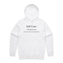Load image into Gallery viewer, Stay stylish and comfortable with our women's relaxed fit hoodie featuring the empowering message 'Self Care - is how you take your power back.' This fashionable oversized hoodie offers a modern, relaxed fit that's perfect for everyday wear. Add a bold, positive vibe to your wardrobe!
