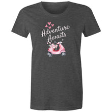 Load image into Gallery viewer, Embrace style and positivity with our 'Adventure Awaits' t-shirt. Featuring an inspirational message of empowerment and exploration, this comfortable and versatile tee is perfect for those ready to take on life's journeys. Spread a positive message wherever you go with this must-have addition to your wardrobe.