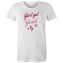 Load image into Gallery viewer, Shop our 'Girl Got Goals' 100% organic t-shirt, the perfect statement piece for women on a mission. Crafted from premium organic cotton, this eco-friendly essential offers comfort, style, and sustainability. Embrace your goals and make a positive impact with this must-have in ethical fashion!
