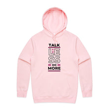Load image into Gallery viewer, Stay cosy and stylish in our women's relaxed fit hoodie featuring the motivational message, "Talk Less, Do More." This modern, oversized hoodie combines fashion and function, offering a comfortable fit perfect for those who love fashionable, oversized women's hoodies.