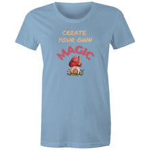 Load image into Gallery viewer, Empower your wardrobe with our women's t-shirt featuring the inspiring message 'Create Your Own Magic.' This high-quality, inspirational graphic t-shirt is perfect for those who love positive quotes and want to spread positivity. Make a statement with this must-have, empowering quote t-shirt.