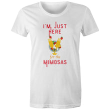 Load image into Gallery viewer, Get the party started with our women's t-shirt featuring the witty slogan 'I'm Just Here for the Mimosas.' This LOL-worthy, funny message tee is perfect for brunch lovers! Shop now for a quirky catchphrase shirt that adds humour and fun to your wardrobe.