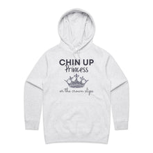 Load image into Gallery viewer, Explore our chic women's pocket hoodie featuring the slogan 'Chin Up Princess, or the Crown Slips.' Perfect for casual street style, this high-quality hoodie combines comfort with premium women's hoodie styles. Elevate your wardrobe with this must-have, empowering piece.