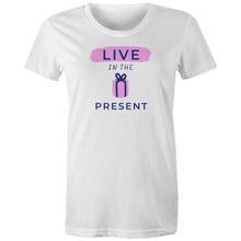 Load image into Gallery viewer, Embrace mindful living with our 100% organic cotton t-shirt, featuring the inspiring message "Live in the Present." Crafted from eco-friendly materials, this premium sustainable tee offers comfort and style. Shop now for high-quality organic cotton clothing that’s both chic and planet-friendly!