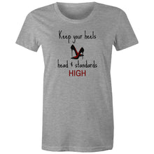 Load image into Gallery viewer, Elevate your wardrobe with our women's affirmation t-shirt featuring the empowering quote, 'Keep Your Heels, Head, and Standards High.' This inspirational message tee is perfect for spreading positivity and confidence. Shop now for stylish, positive message apparel that motivates and empowers!