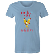 Load image into Gallery viewer, Get the party started with our women's t-shirt featuring the witty slogan 'I'm Just Here for the Mimosas.' This LOL-worthy, funny message tee is perfect for brunch lovers! Shop now for a quirky catchphrase shirt that adds humour and fun to your wardrobe.