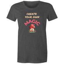 Load image into Gallery viewer, Empower your wardrobe with our women's t-shirt featuring the inspiring message 'Create Your Own Magic.' This high-quality, inspirational graphic t-shirt is perfect for those who love positive quotes and want to spread positivity. Make a statement with this must-have, empowering quote t-shirt.
