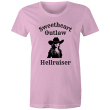Load image into Gallery viewer, Retro cowgirl vibes meet bold attitude. This vintage-inspired cotton t-shirt is perfect for sweethearts with an outlaw edge.