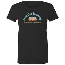 Load image into Gallery viewer, Discover our 100% organic women's t-shirt featuring the uplifting slogan, 'Love the Journey, More Than the Destination.' Crafted from premium organic cotton, this eco-friendly tee offers style and sustainability. Perfect for those who value organic, sustainable clothing with a positive message.