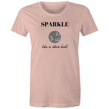 Load image into Gallery viewer, Shine bright with our women's retro t-shirt featuring the iconic slogan 'Sparkle Like a Disco Ball.' Perfect for throwback fashion lovers, this retro-inspired graphic tee is a must-have in your wardrobe. Shop the best retro t-shirts for a timeless, iconic look that never goes out of style!