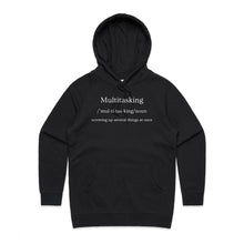 Load image into Gallery viewer, Discover our women's regular fit hoodie with the witty message 'Multitasking - Screwing Up Several Things at Once.' Perfect for casual street style, this chic, fashion-forward piece from our premium women's hoodie collection adds humour and high-quality comfort to your wardrobe.