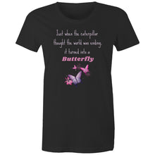 Load image into Gallery viewer, Discover our organic T-shirt featuring the uplifting message, 'Just when the caterpillar thought the world was ending, it turned into a butterfly'. Perfect for everyday wear, this t-shirt is a must-have for anyone who believes in the power of transformation and the importance of an eco-friendly lifestyle.