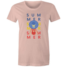 Load image into Gallery viewer, Celebrate the season with our women's retro t-shirt featuring a vibrant 'Summertime' slogan and graphic. This iconic retro wear piece is perfect for adding a nostalgic touch to your wardrobe. Ideal for fans of retro-inspired fashion, our t-shirt blends style and comfort effortlessly.