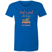 Load image into Gallery viewer, Embrace your wanderlust with this retro-inspired 'Just a Girl Who Loves to Travel' graphic t-shirt, designed for adventurous souls. Whether you're jet-setting to a new destination or dreaming of your next journey, this iconic design adds a timeless touch to your wardrobe. A must-have women's tee for travel lovers!