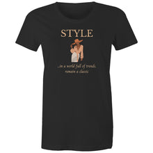 Load image into Gallery viewer, Stand out with our 'In a World Full of Trends, Remain a Classic' women's t-shirt. Made from 100% organic cotton, this eco-friendly tee offers premium sustainability and top-quality comfort. Embrace timeless style with our organic, environmentally conscious fashion choice.