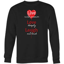Load image into Gallery viewer, Embrace comfort and style with our women's relaxed fit sweatshirt featuring the uplifting message 'Live, Love, Laugh.' This modern, oversized sweatshirt combines a fashionable look with a cosy feel, perfect for those who love comfortable, trendy, and relaxed fit designs.