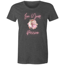 Load image into Gallery viewer, Fuel your drive with our 'Live Your Passion' women's message t-shirt. Featuring an empowering quote, this inspirational graphic tee spreads positive vibes and motivation. Perfect for those who love inspirational messages and want to make a bold, uplifting statement in style.