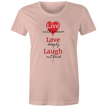 Load image into Gallery viewer, Spread positive vibes with our women's 'Live, Love, Laugh' t-shirt. Featuring an empowering quote, this affirmation tee combines style with an uplifting message. Perfect for those who love motivational t-shirts with inspirational slogans that inspire joy and positivity.