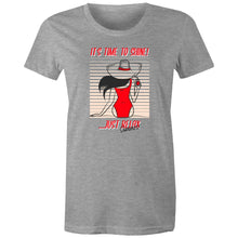Load image into Gallery viewer, Shine bright in our women's t-shirt featuring the slogan 'Time to Shine - Relax Summertime.' This retro-inspired tee showcases an iconic graphic perfect for adding a nostalgic touch to your wardrobe. Embrace the classic vibe with this must-have piece.