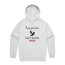 Load image into Gallery viewer, Stay stylish and empowered with our fashionable oversized women's hoodie featuring the inspiring message 'Keep your heels, head, and standards high.' This modern, relaxed-fit hoodie combines comfort with a bold statement, perfect for adding a chic touch to your everyday wardrobe.