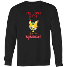 Load image into Gallery viewer, Stay cosy and stylish in our women's relaxed fit sweatshirt with the fun slogan 'I'm Just Here for the Mimosas.' This fashionable oversized sweatshirt offers comfort and a trendy look, perfect for casual days. Shop now for the ultimate in comfortable, oversized women's sweatshirts!