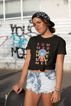 Load image into Gallery viewer, Embrace eco-friendly fashion with our women's 100% organic cotton t-shirt featuring the vibrant 'Summertime' slogan and graphic. This top-quality, premium sustainable piece is perfect for the environmentally conscious. Enjoy comfort and style with the best in organic, eco-friendly clothing.
