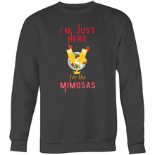 Load image into Gallery viewer, Stay cosy and stylish in our women's relaxed fit sweatshirt with the fun slogan 'I'm Just Here for the Mimosas.' This fashionable oversized sweatshirt offers comfort and a trendy look, perfect for casual days. Shop now for the ultimate in comfortable, oversized women's sweatshirts!