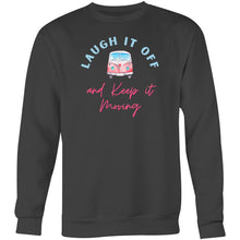 Load image into Gallery viewer, Stay cosy and motivated with our women&#39;s relaxed fit sweatshirt featuring the slogan &#39;Laugh it Off and Keep it Moving.&#39; Perfect for those who love comfortable, fashionable oversized apparel. This modern sweatshirt combines style and a positive message, ensuring you move through your day with ease and inspiration.
