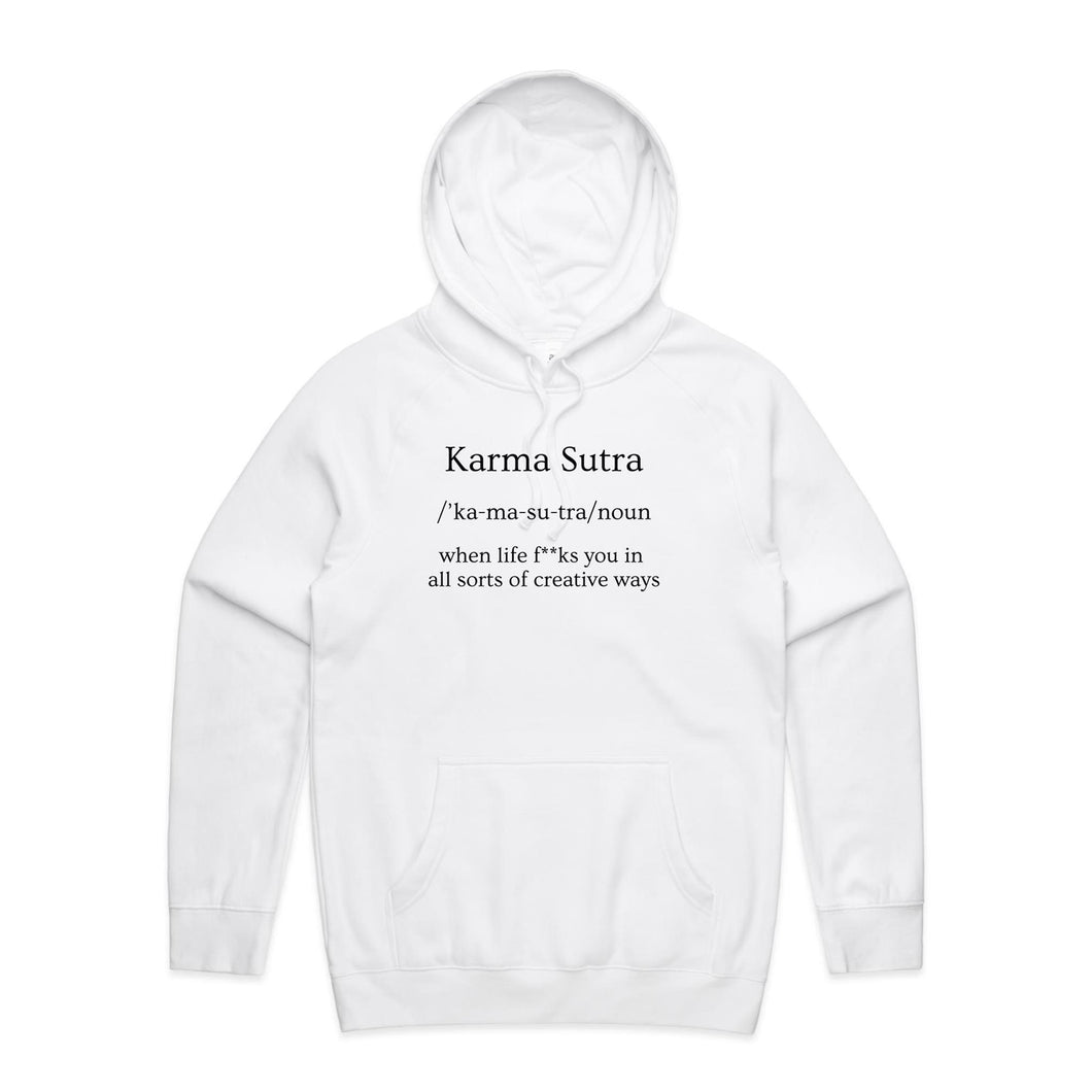 Stay effortlessly stylish with our women's relaxed fit hoodie featuring the bold message 'Karma Sutra - when life f**ks you in all sorts of creative ways.' This fashionable oversized hoodie offers a modern, laid-back vibe perfect for those who love trendy, relaxed fits and bold statements.