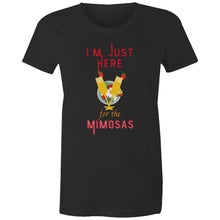 Load image into Gallery viewer, Get the party started with our women&#39;s t-shirt featuring the witty slogan &#39;I&#39;m Just Here for the Mimosas.&#39; This LOL-worthy, funny message tee is perfect for brunch lovers! Shop now for a quirky catchphrase shirt that adds humour and fun to your wardrobe.
