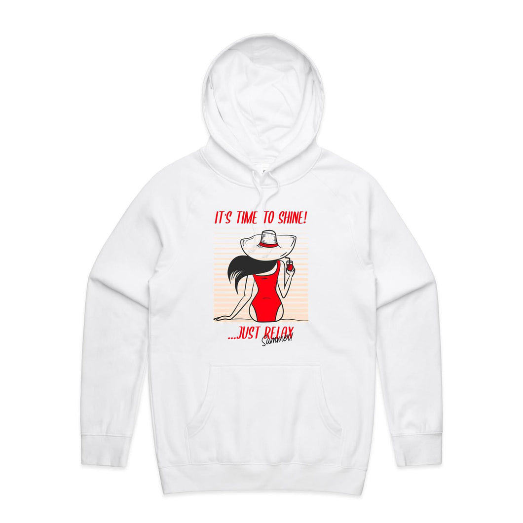 Embrace effortless style with our 'Time to Shine' women's relaxed fit hoodie. Perfect for casual days, this modern, oversized hoodie combines comfort and fashion. Stay trendy with its relaxed fit, making it a must-have for your summer wardrobe!