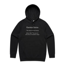 Load image into Gallery viewer, Stay effortlessly stylish with our women&#39;s relaxed fit hoodie featuring the bold message &#39;Karma Sutra - when life f**ks you in all sorts of creative ways.&#39; This fashionable oversized hoodie offers a modern, laid-back vibe perfect for those who love trendy, relaxed fits and bold statements.
