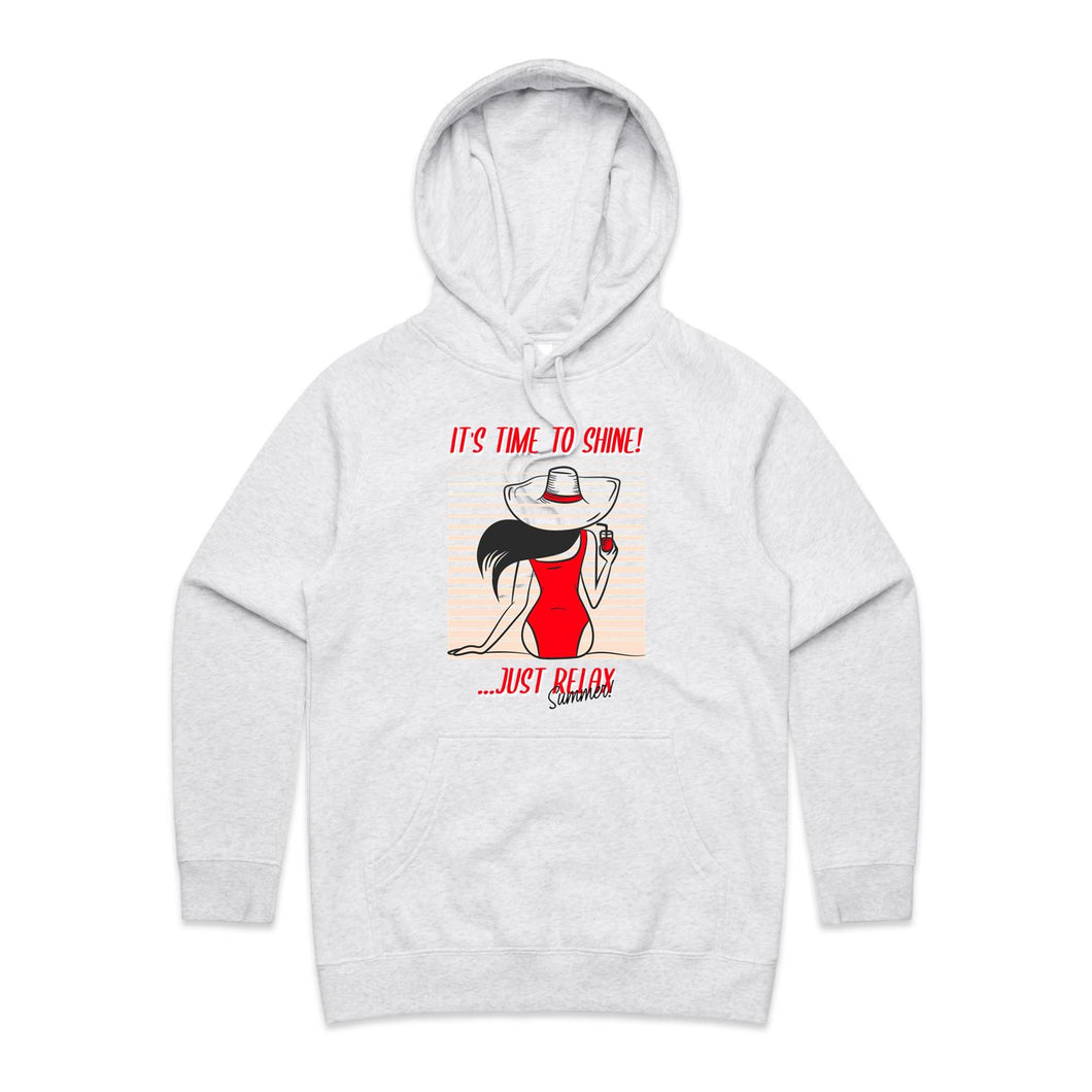 Stay stylish and cosy with our 'Time to Shine' women's hoodie. Perfect for casual days, this chic, high-quality hoodie combines comfort and fashion effortlessly. Elevate your wardrobe with our premium women's hoodie collection, designed for laid-back summer vibes.