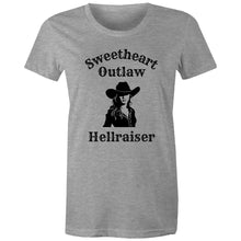 Load image into Gallery viewer, Retro cowgirl vibes meet bold attitude. This vintage-inspired cotton t-shirt is perfect for sweethearts with an outlaw edge.
